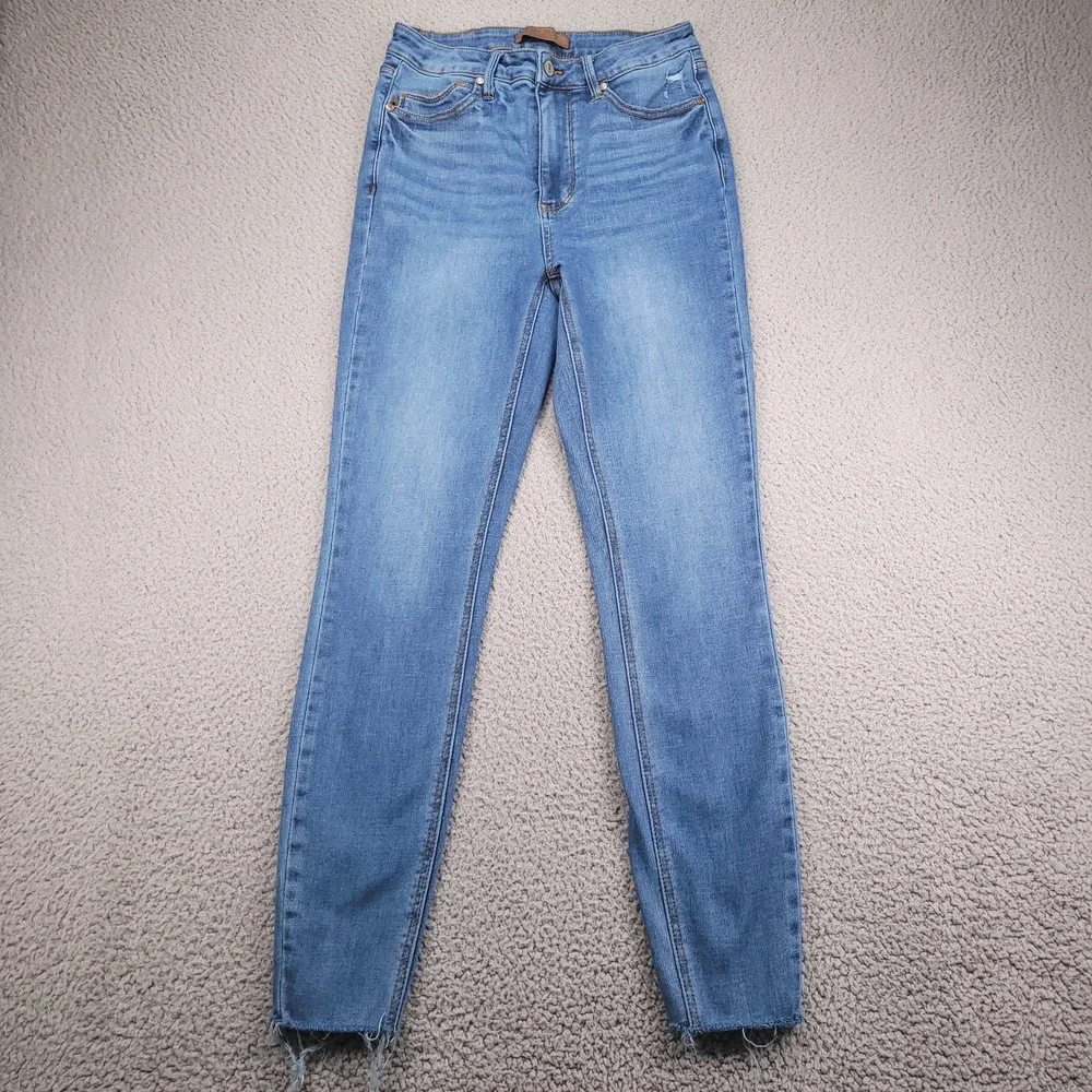 JUDY BLUE Jeans Size 7/28 Skinny Vintage Shield Pockets Raw Hem Blue Denim